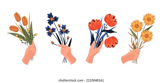 Hands with flowers or bouquet, vector icons set