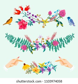 Hands and flowers cute decorative set. Vintage vector summer wreath with birds, floral card, Collection of nature elements