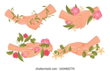 Hands with Flowers and Green Twigs Embracing Them Vector Set