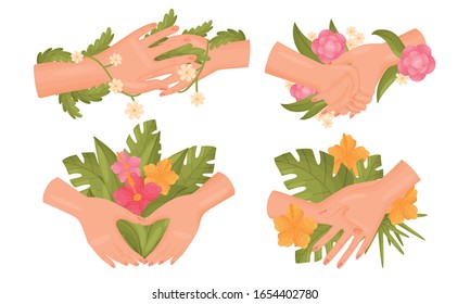 Hands with Flowers and Green Twigs Embracing Them Vector Set