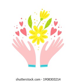 Manos con flores y corazones. Ilustración vectorial dibujada a mano.