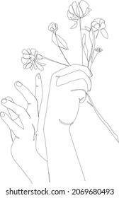Hands with flowers line art vector illustration. Manicure, beauty salon logo, background, print design.