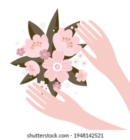 
hands with flowers on the white background
