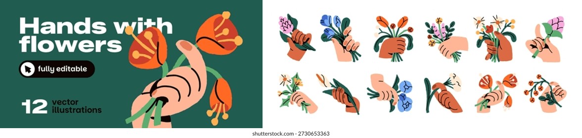 Hands with flowers set. People holding bouquets of different wildflowers, blooming branches with leaves. Posies of blossoming meadow plants. Flat isolated vector illustrations on white background