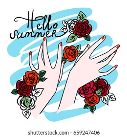 Hands in flowers. Summer vector print for t shirt isplated.