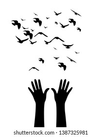 Hands with flying up birds . Vector isolated decoration element from scattered silhouettes. Conceptual illustration of group community and social organization.