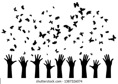 Hands with flying up butterflies . Vector isolated decoration element from scattered silhouettes. Conceptual illustration of group community and social organization.