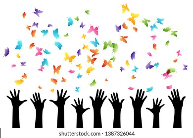 Hands with flying up color butterflies . Vector isolated decoration element from scattered silhouettes. Conceptual illustration of group community and social organization.