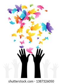 Hands with flying up color butterflies . Vector isolated decoration element from scattered silhouettes. Conceptual illustration of group community and social organization.