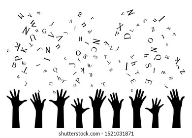 Hands with flying up letters . Vector decoration from scattered elements. Monochrome isolated silhouette. Conceptual illustration.