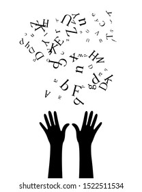 Hands with flying up letters . Vector decoration from scattered elements. Monochrome isolated silhouette. Conceptual illustration.
