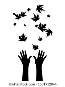 Hands with flying up maple leaves . Vector decoration from scattered elements. Monochrome isolated silhouette. Conceptual illustration.