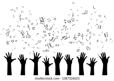 Hands with flying up notes . Vector isolated decoration element from scattered silhouettes. Conceptual illustration of group community and social organization.