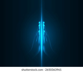 Hands folded in a gesture of prayer, hope or greeting forming a bright glowing beam of energy isolated on a dark background. Vector illustration.