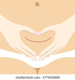 hands folded in the heart in front of the stomach of a woman with a cesarean scar