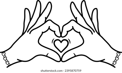 Hands Folded in Heart Shape for Coloring. Gesture with fingers. Sign of Love. Vector Illustration for Valentines Day