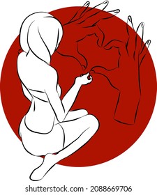 The hands are folded in a heart sign and the girl on the left is holding them. In the background there is an even and dark red circle.