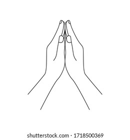 hands folded in prayer. concept of trust and love to christianity, spiritual peace, believe in bible, meditation art, appeal to heaven, request for donate. black simple linear sign on white background