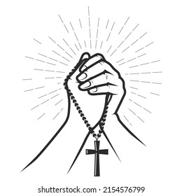 Hands folded in prayer with crucifix on beads, pray for god, faith and hope concept, vector