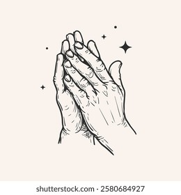 Hands folded in a prayer to god. Hand drawn sketch style. Religious spiritual symbol. Vector illustration in retro vintage style.