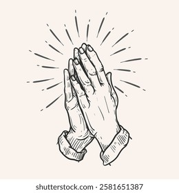 Hands folded in a prayer to god. Hand drawn sketch style. Religious spiritual symbol. Vector illustration in retro vintage style.