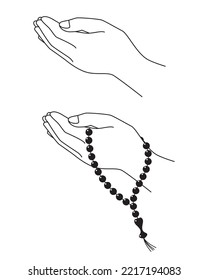 Hands Folded In Prayer. Prayer To God. Islamic Dua. Muslim Prayer. Hands With Rosary. Linear Style. Hands, Wrists, Palms Vector Illustration 5