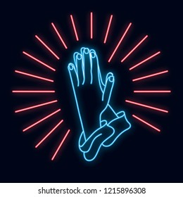 Hands folded in prayer. Neon light. Vector image.