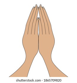 Hands folded in prayer. The palms are pointing up. Vector illustration. An appeal to God. The fingers touch each other. Prayer at the table before meals on Thanksgiving Day. Isolated white background.