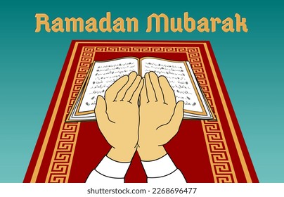 hands folded in a prayer pose against the background of an open book of the Koran and a prayer rug. A man reads namaz. Vector illustration for Ramadan holiday. Lettering blessed ramadan