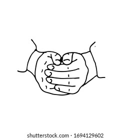 Hands folded in prayer. Preyer christian. Sketch style hand drawn elements. Stock outline vector illustration, isolated on white background.