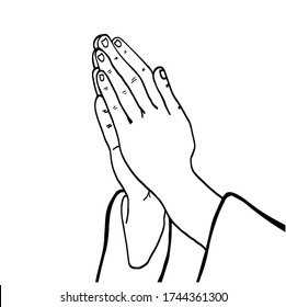 Hands folded in prayer. Preyer christian.Hands cupped together isolated symbol on white background. Graphic icon. Vector illustration Sketch style hand drawn elements. Stock outline vector illustratio