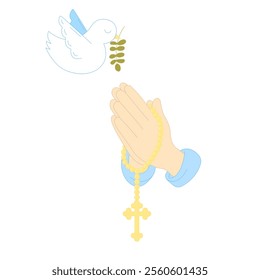 Hands Folded in Prayer with Rosary and Cross, Dove of Peace with Olive Branch Vector Illustration