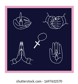 Hands folded in prayer set, candlestick, candelabrum. Preyer christian. Sketch style hand drawn elements. Stock outline vector illustration, isolated on white background.