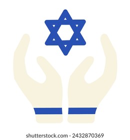 Manos dobladas en oración símbolo de leche sólida país de Israel. Elemento festivo, atributo de la fiesta judía. Icono plano del vector de la historieta en los colores nacionales de la bandera de Israel aislada en el fondo blanco