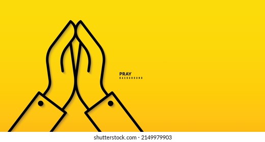 Hands folded in praying position line on yellow background. Prayer to god with faith and hope concept