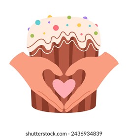 Hands folded in shape of heart against background of an Easter cake. Easter food concept. Vector flat illustration