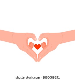 Las manos se doblan en forma de corazón. Tarjeta de San Valentín.