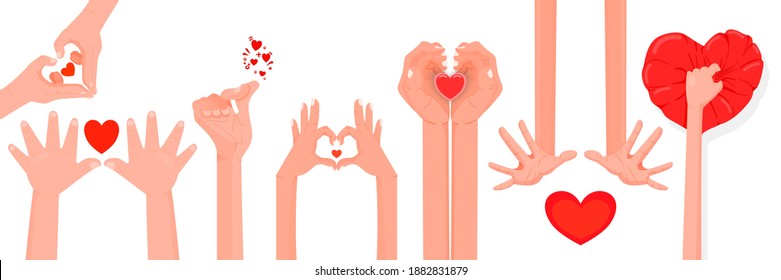 Hands folded in the shape of a heart. Card for Valentine's Day. Hand gestures of lovers.