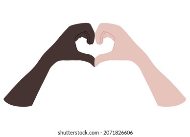 Las manos se doblan en forma de corazón. Amor y apoyo, Día de San Valentín. Piel oscura y clara. Ilustración vectorial dibujada a mano aislada en fondo blanco. Imágenes prediseñadas.
