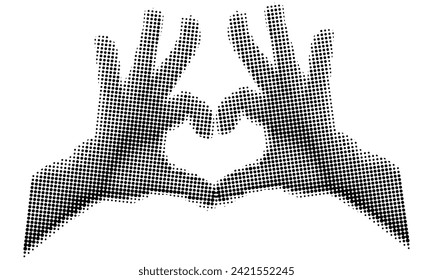 Hands folded in the shape of a heart in the style of grunge pop art, a Valentine's Day card. Isolated hands, fingers in the heart for printing on the clothes of a loved one. A declaration of love