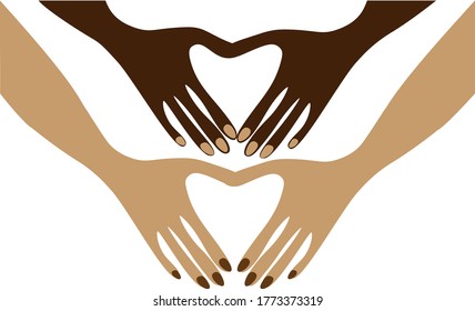 
Hands folded in the shape of a heart in two colors. The concept of unity of races and peoples. Friendship and love.