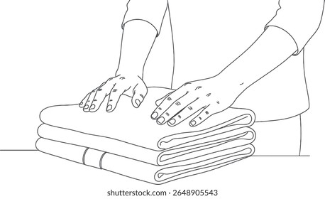 Hands Folding Clean Laundry - Simple Line Art Illustration