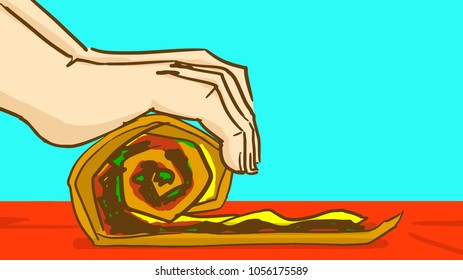 Hands folding pancake with stuffing. Cooking. Snack. Cartoon color vector sketch.
