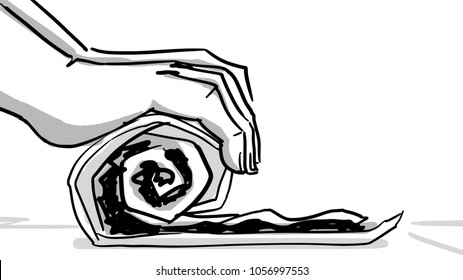 Hands folding pancake with stuffing. Cooking. Snack. Black and white vector sketch.