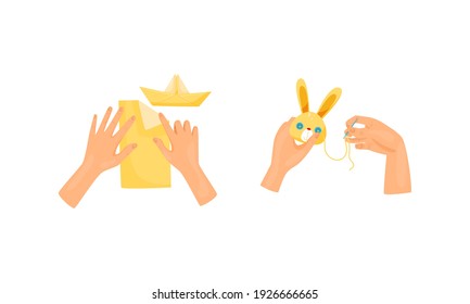 Hands Folding Paper and Sewing Stuffed Toy as Handmade Craft Vector Set