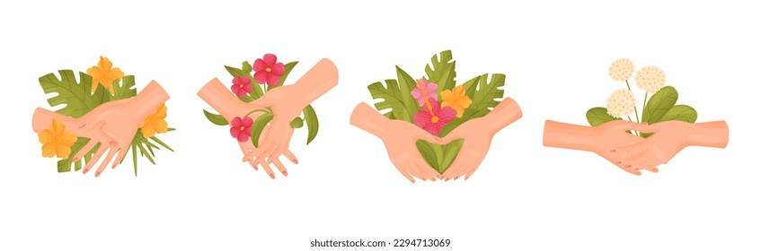 Hands with Foliage Tender Touching Green Leaf and Flower Vector Set