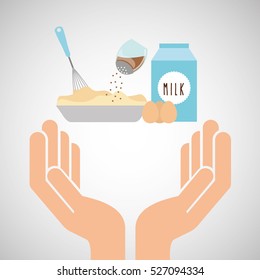 hands food preparing mix dough cinnamon and milk eggs vector illustration eps 10