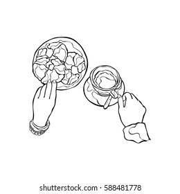 Hands and food. Top view. Isolated vector objects on white background.