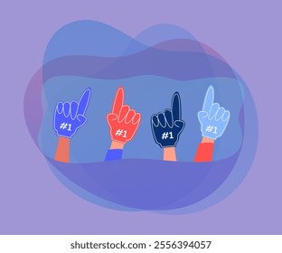 Hands of football or soccer fans cheering with foam fingers. People supporting best team during competition or championship flat vector illustration. Support, sports concept for banner, website design