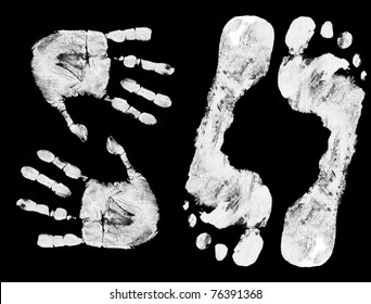 Hands and foots print isolated on black, vector illustration